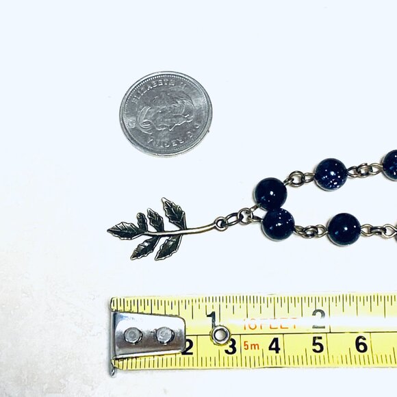 Dark Blue Goldstone Bronze Link Adjustable Short Necklace w/ Leaf Branch Charm - Picture 13 of 15